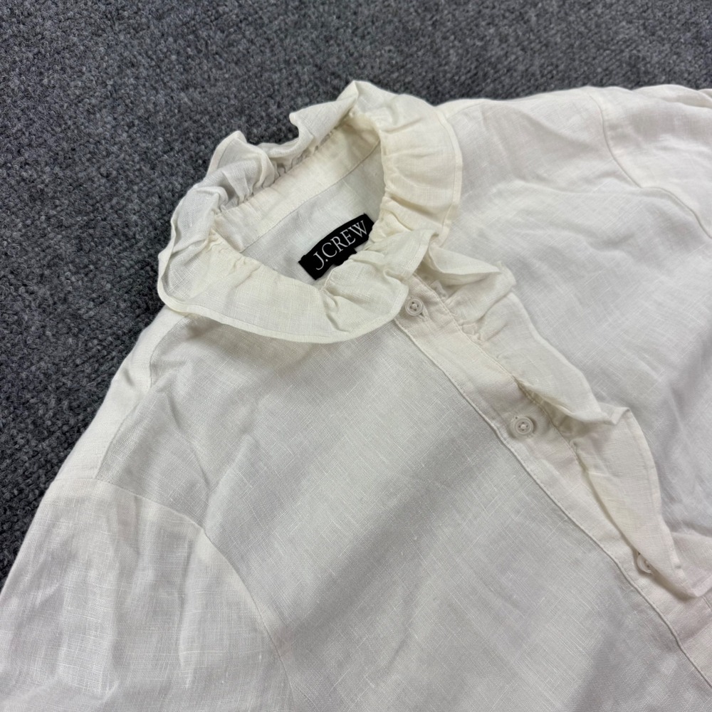 J.Crew Ruffle Linen Blouse Small White Short Sleeve Button Front Top Women's